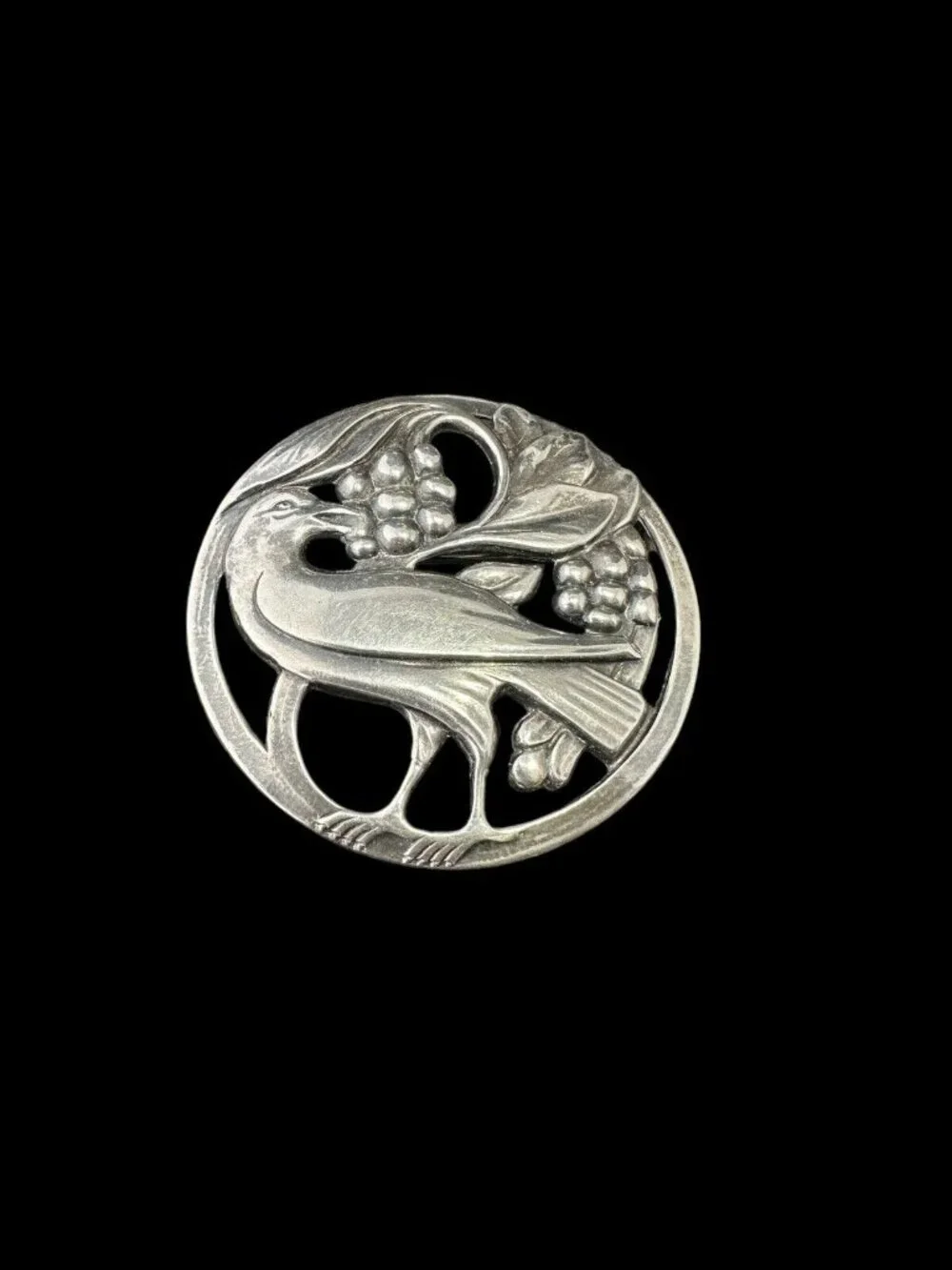 Mid Century Sterling Silver Bird Eating Berries Brooch Round Floral Vintage Pin